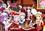  bat_wings black_hair blonde_hair blue_eyes blush bottle bow braid christmas christmas_tree closed_eyes cup dirty eating eyes_closed fire fireplace flandre_scarlet flying hair_bow hakurei_reimu hat hong_meiling indoors izayoi_sakuya koakuma messy mont_blanc_(food) over_shoulder patchouli_knowledge plate purple_eyes red_eyes red_hair redhead remilia_scarlet sack santa_costume santa_hat side_ponytail silver_hair sweatdrop touhou tsurukou_(tksymkw) turkey twin_braids violet_eyes wine wine_glass wings wink 