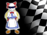  1girl apron blonde_hair bow capelet checkered checkered_flag chenowski crossed_arms dress helmet long_hair looking_at_viewer parody shanghai_doll the_stig top_gear touhou 