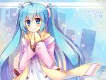  ahoge blue_eyes blue_hair hands_together hatsune_miku long_hair mittens moe_on_drop scarf smile solo title_drop twintails very_long_hair vocaloid 