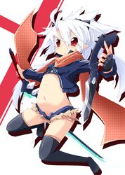  1girl fingerless_gloves flat_chest gloves midriff navel original pointy_ears red_eyes reku shiroko_(reku) solo sword thigh-highs thighhighs weapon white_hair 