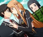  &gt;:d 2girls :d asuna_(sao) black_eyes black_hair blazer brown_eyes brown_hair couple dutch_angle eye_contact hand_on_another&#039;s_chest hands_on_own_cheeks hands_on_own_face kirito long_hair looking_at_another multiple_girls open_mouth school_uniform short_hair smile sword_art_online yamaki_suzume yui_(sao) yuuki_asuna 