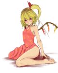  alternate_costume bare_arms bare_legs bare_shoulders barefoot blonde_hair blush china_dress chinese_clothes flandre_scarlet lowres peperoncirno red_eyes short_hair side_ponytail side_slit simple_background smile solo touhou white_background wings 