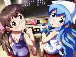  :o arcade arcade_cabinet ass blue_eyes blue_hair blush brown_eyes brown_hair from_above glasses hat ikamusume long_hair looking_at_viewer looking_back looking_up low_twintails multiple_girls one-piece_swimsuit open_back open_mouth playing_games sakura_kiyomi same sandals school_swimsuit shinryaku!_ikamusume skin_tight swimsuit tentacle tentacle_hair tentacles twintails video_game 