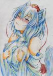  animal_ears bare_shoulders blush breasts bust clenched_hand clenched_hands closed_eyes colored_pencil_(medium) detached_sleeves eyes_closed hat highres inubashiri_momiji kitazinger looking_up short_hair solo tail tokin_hat touhou traditional_media white_hair wolf_ears wolf_tail 