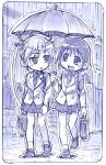  blush graphite_(medium) kill_me_baby monochrome multiple_girls necktie open_mouth oribe_yasuna rain sakino_shingetsu school_uniform shared_umbrella short_hair smile sonya_(kill_me_baby) traditional_media twintails umbrella 