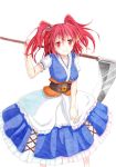  belt breasts coin colored_pencil_(medium) dress grin hair_bobbles hair_ornament kittona millipen_(medium) onozuka_komachi red_eyes red_hair redhead scythe short_hair simple_background smile solo touhou traditional_media twintails watercolor_pencil_(medium) white_background 