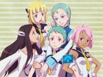  4girls :3 aqua_hair arata_naru blonde_hair blue_eyes brown_hair elena_peoples eureka eureka_seven_(series) eureka_seven_ao fleur_blanc forehead_jewel fukai_ao hug mother_and_son multiple_girls pink_hair purple_eyes red_eyes striped striped_background truth_(character) uniform violet_eyes 