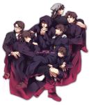  adult between_fingers black_keys brown_eyes brown_hair child cross cross_earrings cross_necklace earrings fate/extra fate/stay_night fate/tiger_colosseum fate/zero fate_(series) formal glasses head_scarf hood jewelry kotomine_kirei multiple_boys multiple_persona necklace suit young zihad 