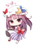  akaki_aoki book bow chibi chin_rest crescent cross hat long_hair patchouli_knowledge pink_eyes purple_hair smile solo touhou vertical_stripes 