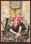  1boy abs bakemonogatari blonde_hair floral_print hawaiian_shirt monogatari_(series) open_clothes open_shirt oshino_meme school_desk short_hair shorts spiky_hair yadokugaeru 