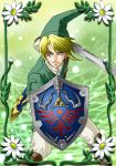  blonde_hair blue_eyes hat highres link pants pointy_ears sayakajou shield skyward_sword solo sword the_legend_of_zelda weapon 