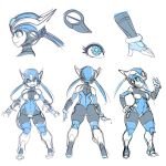  android ass blue_eyes blue_hair breasts character_sheet close-up gynoid helmet highres maniacpaint n01sb original profile robot robot_girl smile solo thick_thighs thighs twintails wide_hips 