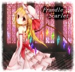  alternate_costume armband blonde_hair bow character_name checkered checkered_floor dress flandre_scarlet hat hat_ribbon head_tilt looking_at_viewer looking_back nashi_iri pink_dress red_eyes ribbon short_hair side_ponytail solo stained_glass touhou window wings 
