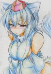  animal_ears bare_shoulders blush breast_squeeze breasts bust colored_pencil_(medium) detached_sleeves hat highres inubashiri_momiji kitazinger red_eyes short_hair solo tail tokin_hat touhou traditional_media white_hair wolf_ears wolf_tail 