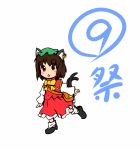  1girl animal_ears bag bookbag bow brown_hair cat_ears cat_tail chen chibi earrings hat jewelry kuroi-neko multiple_tails red_eyes short_hair simple_background skirt solo tail touhou white_background 