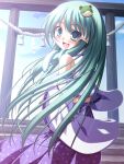 back breasts detached_sleeves frog_hair_ornament gohei green_eyes green_hair hair_ornament hair_tubes hatomura_(tareneko_club) highres kochiya_sanae long_hair looking_back open_mouth shimenawa skirt smile snake_hair_ornament solo torii touhou wind