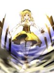  blonde_hair boots breasts corset detached_sleeves drill_hair fingerless_gloves gloves gun knee_boots large_breasts long_hair magical_girl magical_musket mahou_shoujo_madoka_magica randoruto-kan smile solo thigh-highs thighhighs tomoe_mami twin_drills vertical_stripes weapon yellow_eyes 