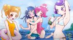  &gt;_&lt; 4girls :3 aida_mana bikini blue_eyes blue_hair bottle casual_one-piece_swimsuit dokidoki!_precure highres hishikawa_rikka innertube kenzaki_makoto long_hair multiple_girls ocean one-piece_swimsuit orange_eyes orange_hair pink_hair precure purple_hair ruriruri short_hair swimsuit violet_eyes water x3 yotsuba_alice 