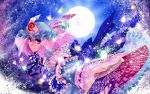  breasts butterfly fan folding_fan full_moon hat highres japanese_clothes moon open_mouth pink_eyes pink_hair ribbon saigyouji_yuyuko sash short_hair smile solo touhou triangular_headpiece umami_(sakeikura) wide_sleeves 