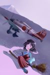  a5m airplane bamboo_broom black_hair broom broom_riding copyright_request drop_tank flying inui_(jt1116) japanese_clothes miko mount_fuji open_mouth sandals sheath sheathed sidesaddle smile sword weapon 