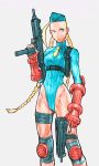  90s ahoge alternate_costume blonde_hair blue_eyes braid cammy_white cannon_spike capcom dual_wielding fingerless_gloves garrison_cap gloves gun gunspike hat huge_ahoge imi_uzi knee_pads leotard machine_pistol necktie nishimura_kinu official_art skorpion_vz._61 solo street_fighter submachine_gun trigger_discipline twin_braids weapon 