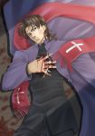  blood brown_eyes brown_hair cassock cross cross_necklace fate/stay_night fate_(series) jewelry kotomine_kirei long_coat necklace sayakajou scarf solo stole 