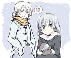  blush coat eila_ilmatar_juutilainen francesca_lucchini green_eyes long_hair mittens multiple_girls purple_eyes sanya_v_litvyak scarf short_hair silver_hair smile snowing snowman strike_witches sweatdrop tabigarasu thought_bubble violet_eyes 