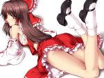  ass bare_shoulders blush bow breasts brown_hair detached_sleeves feet hair_bow hair_tubes hakurei_reimu long_hair looking_back lying mary_janes nonbei on_stomach parted_lips red_eyes sarashi shoe_dangle shoes sideboob socks solo touhou white_legwear 