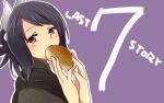  black_hair bread bread_in_mouth female food hoshihuri hosihuri long_hair looking_at_viewer manamia manamia_(the_last_story) purple_background purple_eyes ribbon scarf solo the_last_story title_drop violet_eyes 