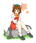  1girl animal_ears bow brown_hair cat cat_ears cat_tail chen earrings hat highres jewelry kuroi-neko mouth_hold multiple_tails red_eyes short_hair sitting skirt solo star tail touhou 