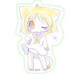  akari_(mad) animal_ears blonde_hair blush cat_ears flat_chest hand_on_hip heart looking_at_viewer mad_(kusakabe) original short_hair simple_background smile solo tail white_background wink 