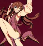  ;d absurdres armpits bare_shoulders brown_hair bun_cover china_dress chinese_clothes double_bun fang fingernails green_eyes highres huang_lingyin infinite_stratos kung_fu kurashima_tomoyasu leg_lift long_fingernails long_hair open_mouth outstretched_hand panties scan simple_background smile solo twintails underwear white_panties wink 