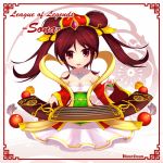  alternate_hair_color breasts brown_hair character_name charactler_name cleavage dean dress jewelry league_of_legends long_hair necklace red_eyes solo sona_buvelle twintails 