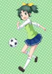  ball blush chiroru_(7450n) green_eyes green_hair midorikawa_nao open_mouth ponytail precure school_uniform short_hair skirt sleeves_rolled_up smile smile_precure! soccer soccer_ball socks solo sweater_vest 