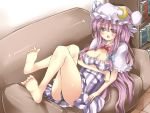  bare_legs barefoot blush bow breast_hold breasts cleavage crescent dress feet hat highres long_hair open_mouth patchouli_knowledge purple_eyes purple_hair soles solo striped striped_dress tam-out_(datam) toes touhou vertical_stripes violet_eyes 