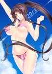  2013 bikini blue_eyes breasts brown_hair kai_(link2262) large_breasts long_hair long_ponytail navel open_mouth original ponytail sky solo striped striped_bikini striped_swimsuit swimsuit very_long_hair 