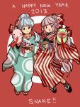  blue_hair fujiwara_no_mokou grey_eyes grey_hair hair_ribbon hand_puppet japanese_clothes kamishirasawa_keine kimono komaku_juushoku long_hair multiple_girls new_year payot puppet red_eyes ribbon smile snake touhou 