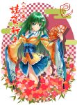  alternate_costume bare_shoulders checkered checkered_background detached_sleeves fan flower frog_hair_ornament green_eyes green_hair hair_ornament highres japanese_clothes keyakinoki kimono kochiya_sanae long_hair loose_sleeves obi skirt snake_hair_ornament solo touhou uyu_(keyakinoki) 