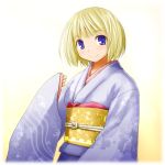  blonde_hair blue_eyes blush japanese_clothes kasuga_yukihito kimono obi original short_hair smile solo wide_sleeves 