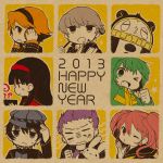  4boys 4girls :d :o amagi_yukiko arm_up black_hair blue_eyes book bowl brown_eyes brown_hair chibi earrings green_eyes green_hair grey_eyes grey_hair hairband hanamura_yousuke happy_new_year hat headphones jewelry kujikawa_rise kuma_(persona_4) long_hair meshi_(miyuu) multiple_boys multiple_girls narukami_yuu new_year o3o open_mouth persona persona_4 purple_hair red_eyes satonaka_chie school_uniform serafuku shirogane_naoto short_hair smile sparkle star stuffed_animal stuffed_bunny stuffed_toy sweatdrop tatsumi_kanji teardrop track_jacket twintails wink 