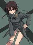  blush breasts brown_eyes brown_hair dakian gertrud_barkhorn hand_on_knee long_sleeves military military_uniform panties ribbon smile solo strike_witches twintails underwear uniform 