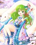  barefoot blush breasts cherry_blossoms daiso detached_sleeves frog_hair_ornament gohei green_eyes green_hair hair_ornament hair_tubes happy_new_year jewelry kochiya_sanae long_hair mishaguji necklace new_year open_mouth petals ribbon sitting skirt smile snake snake_hair_ornament solo touhou 