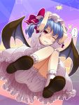 bat_wings bloomers blue_hair blush cowering dress hands_on_hat hat hat_ribbon mount_whip pink_dress red_eyes remilia_scarlet ribbon short_hair short_sleeves solo spoken_anger_vein squatting tears touhou translated upskirt uu~ wings wink 