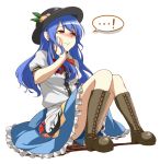  1girl blue_hair blush boots cross-laced_footwear food fruit hand_on_own_cheek hat hinanawi_tenshi jurakin lace-up_boots peach red_eyes simple_background sitting sittying solo tears touhou transparent_background 