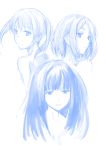 bare_shoulders blue collage copyright_request expressionless highres light_smile long_hair monochrome multiple_girls puyo short_hair simple_background sketch 