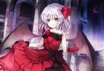  alternate_costume bat_wings bow collarbone crescent_moon dress flower gloves hair_bow looking_at_viewer moon na_s nazuka_(mikkamisaki) red_dress red_eyes red_gloves remilia_scarlet rose silver_hair smile solo touhou wings 