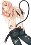  apple ass belt brown_hair demon_girl demon_wings food from_behind fruit holding jeans kinugasa_yuuichi long_hair looking_at_viewer open_mouth original panties pointy_ears simple_background snake solo tail tattoo topless torn_clothes underwear white_background wings yellow_eyes 