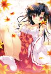  absurdres black_hair blush bow breasts cleavage copyright_request feet hair_ribbon highres japanese_clothes leaf legs looking_at_viewer maple_leaf mikeou miko red_eyes ribbon sarashi solo tabi two_side_up 