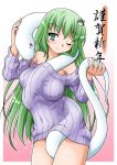  2013 akou_roushi alternate_costume bare_shoulders between_breasts between_legs blush bottomless breasts fang frog_hair_ornament green_eyes green_hair hair_ornament kochiya_sanae large_breasts long_hair naked_sweater ribbed_sweater smile snake solo sweater touhou under_clothes wink 