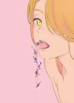  blonde_hair freckles giantess hair_over_one_eye highres kayak long_hair looking_at_viewer mebae open_mouth original pink_background saliva saliva_trail simple_background surreal tongue tongue_out yellow_eyes 